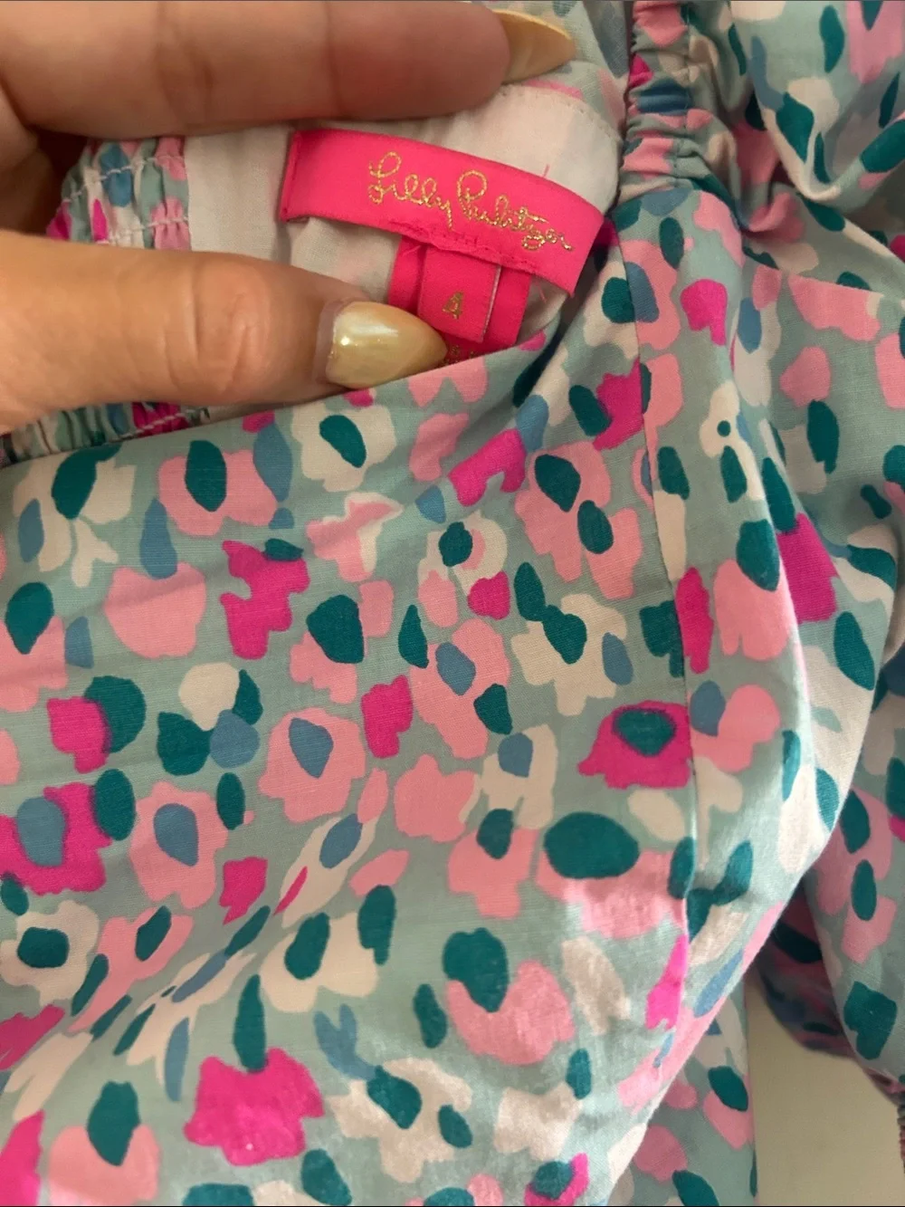 Lilly Pulitzer Pink & Blue Puff-Sleeve Square Neck Blouse